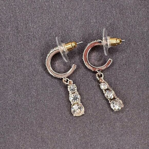 Saks Fifth Avenue Gold-Tone Crystal Hoop Drop Earrings 1.5” Statement Dangle - Picture 4 of 7